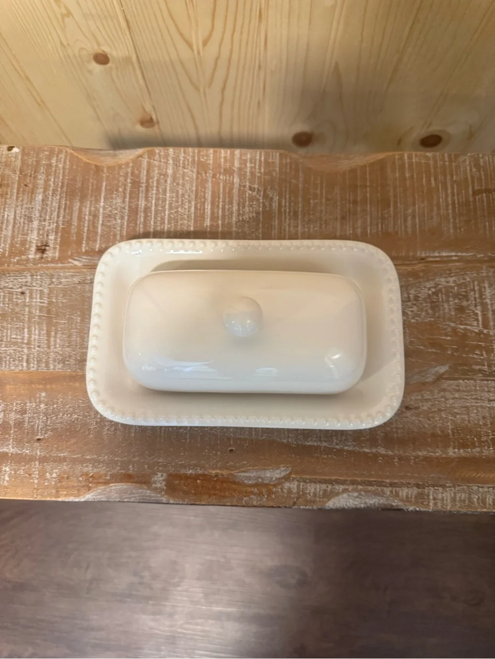 Pottery Barn White Ceramic Butter Keeper with Beaded Rim
